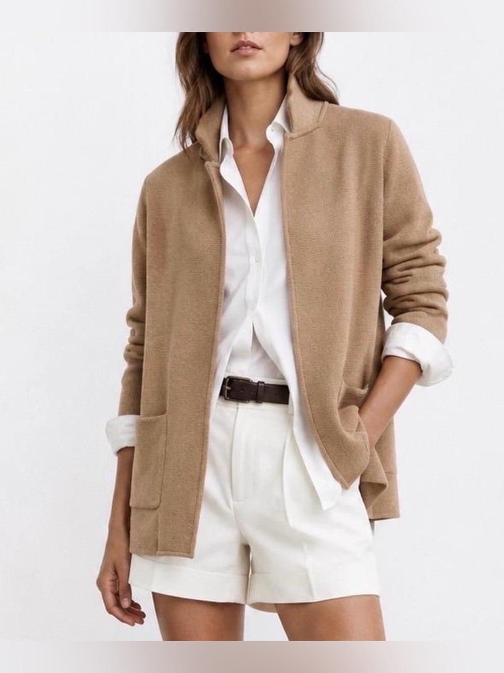 J Crew Sophie Open Front Merino Wool Blend Sweater Blazer Camel Tan Women XL